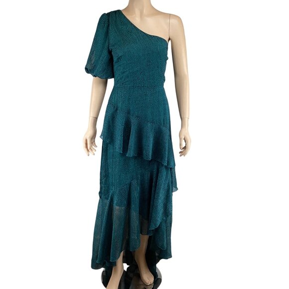 Floret Studio‎ Dress Size Medium One-Shoulder Ruffled Asymmetrical Midi Teal - Picture 2 of 11